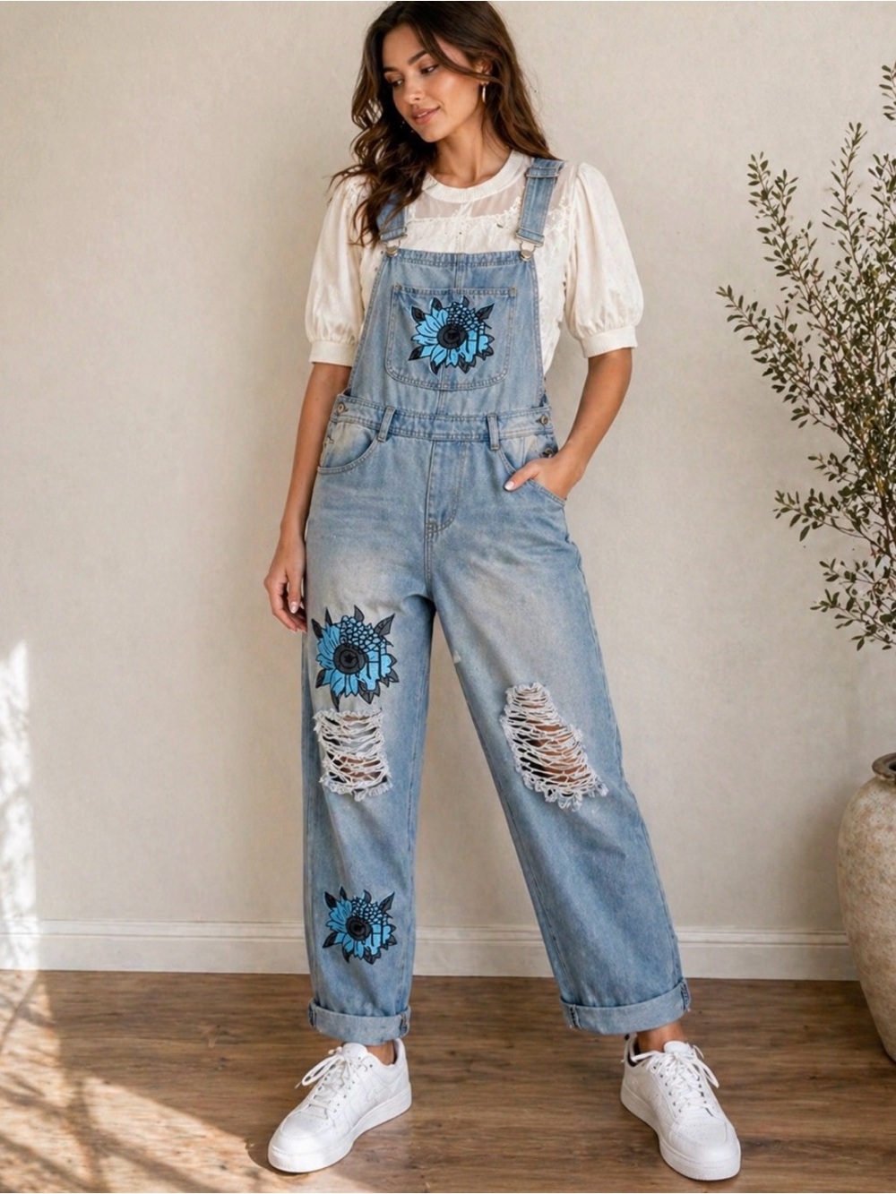 Misslook Denim Overalls Distressed Floral Patch Blue Jeans Bib Pants S